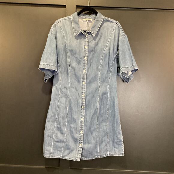 FRAME Seam Detail shoreline wash Short Sleeve Button Up Denim Mini Dress Blue XL - Picture 2 of 11